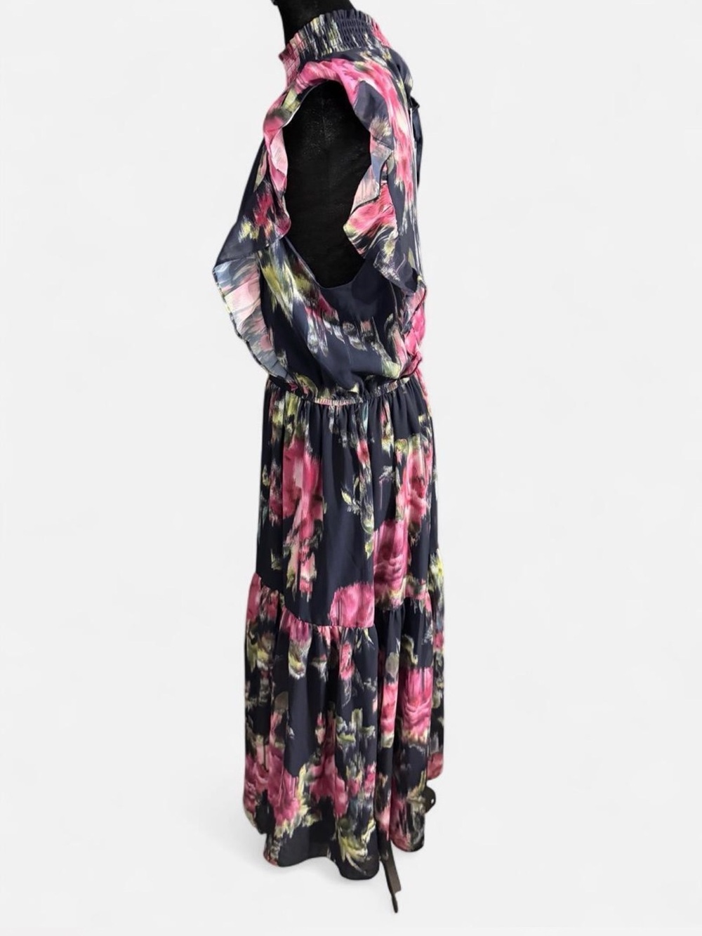 NWT Eve Madden Navy Floral Smocked Mock Neck Ruffle Sleeve Maxi Dress XL - Picture 3 of 8